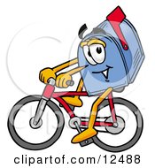 Blue Postal Mailbox Cartoon Character Riding A Bicycle
