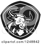 Poster, Art Print Of Black And White Retro Angry Horned Bull In A Shield