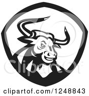 Poster, Art Print Of Black And White Retro Angry Bull In A Shield