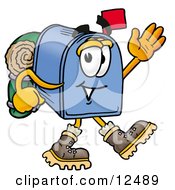 Poster, Art Print Of Blue Postal Mailbox Cartoon Character Hiking And Carrying A Backpack