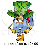Clipart Picture Of A Blue Postal Mailbox Cartoon Character Wearing A Saint Patricks Day Hat With A Clover On It by Toons4Biz