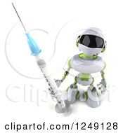 Clipart Of A 3d White And Green Robot Holding Up A Syringe Royalty Free Illustration