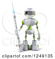 Clipart Of A 3d White And Green Robot Holding A Syringe Royalty Free Illustration