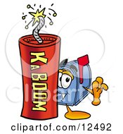 Poster, Art Print Of Blue Postal Mailbox Cartoon Character Standing With A Lit Stick Of Dynamite