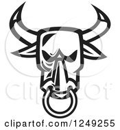 Clipart Of A Black And White Angry Bull Head With A Nose Ring Royalty Free Vector Illustration