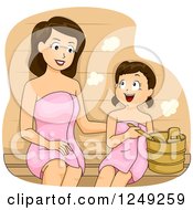 Brunette Mother And Daughter Bonding In A Spa Sauna