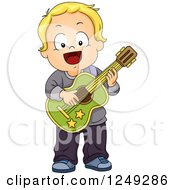 Poster, Art Print Of Happy Blond Toddler Boy Playing A Guitar
