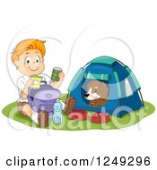 Poster, Art Print Of Happy Boy Going Through His Provisions While His Dog Sits In A Camping Tent