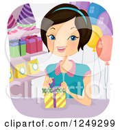 Clipart Of A Happy Woman Gift Wrapping A Present In A Party Shop Royalty Free Vector Illustration