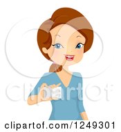 Poster, Art Print Of Happy Brunette Woman Holding Out A Business Card