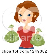 Clipart Of A Wealthy Brunette Caucasian Woman Holding Money Bags Royalty Free Vector Illustration