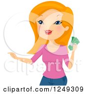 Clipart Of A Strawberry Blond Caucasian Woman Holding Cash Money Royalty Free Vector Illustration by BNP Design Studio