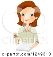 Brunette Caucasian Woman Notary Holding A Stamp And Documents