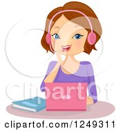 Clipart Of A Brunette Caucasian Woman Language Tutor On A Laptop Royalty Free Vector Illustration