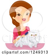 Poster, Art Print Of Brunette Caucasian Woman Brushing Her Persian Cat