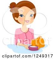 Clipart Of A Brunette Caucasian Woman Feeding A Ginger Cat Milk Royalty Free Vector Illustration