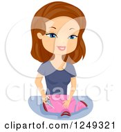 Clipart Of A Brunette Caucasian Woman Cutting Off Sleeves Of A Shirt Royalty Free Vector Illustration