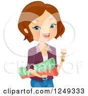 Clipart Of A Brunette Caucasian Woman Designer With Wallpaper Royalty Free Vector Illustration
