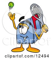 Blue Postal Mailbox Cartoon Character Preparing To Hit A Tennis Ball