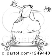 Clipart Of A Black And White Skateboarding Caveman Holding His Arms Up Royalty Free Vector Illustration