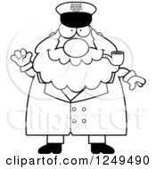 Black And White Friendly Waving Chubby Sea Captain Man Smoking A Pipe