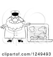 Poster, Art Print Of Black And White Happy Chubby Sea Captain Man With A Map