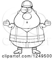 Clipart Of A Black And White Careless Shrugging Chubby Road Construction Worker Man Royalty Free Vector Illustration
