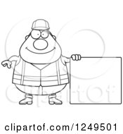 Poster, Art Print Of Black And White Happy Chubby Road Construction Worker Man Holding A Blank Sign