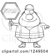 Poster, Art Print Of Black And White Happy Chubby Road Construction Worker Man Holding A Stop Sign