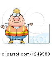 Poster, Art Print Of Happy Chubby Road Construction Worker Man Holding A Blank Sign