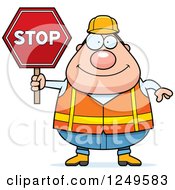 Happy Chubby Road Construction Worker Man Holding A Stop Sign