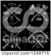Clipart Of Vintage Black And White Arrow Axe And Sword Label Designs With Sample Text Royalty Free Vector Illustration