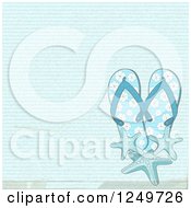 Clipart Of A Distressed Lined Blue Background With Flip Flops And Starfish Royalty Free Vector Illustration by elaineitalia