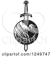 Clipart Of A Black And White Woodcut Earth Impaled With A Sword Royalty Free Vector Illustration by xunantunich
