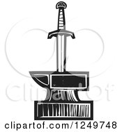 Clipart Of A Black And White Woodcut Sword In An Anvil Royalty Free Vector Illustration