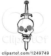 Clipart Of A Black And White Woodcut Skull Impaled With A Sword Royalty Free Vector Illustration