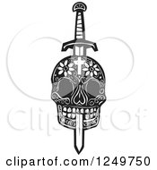Clipart Of A Black And White Woodcut Floral Skull Impaled By A Sword Royalty Free Vector Illustration