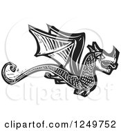 Clipart Of A Black And White Woodcut Flying Dragon Royalty Free Vector Illustration by xunantunich #COLLC1249752-0119