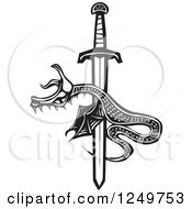 Clipart Of A Black And White Woodcut Dragon Over A Sword Down Royalty Free Vector Illustration by xunantunich