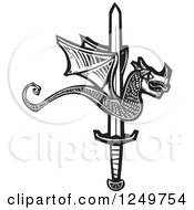 Clipart Of A Black And White Woodcut Dragon Over A Sword Up Royalty Free Vector Illustration by xunantunich
