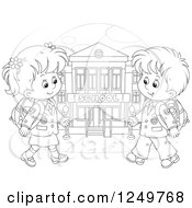 Clipart Of Black And White School Children Walking To A Building Royalty Free Vector Illustration