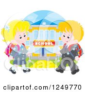 Clipart Of Blond Caucasian School Children Walking To A Building Royalty Free Vector Illustration