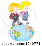 Poster, Art Print Of Blond Caucasian School Children Walking On A Globe