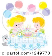 Poster, Art Print Of Blond Caucasian Children And A Cat Celebrating A Birthday