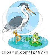 Poster, Art Print Of Wading Heron Bird Talking To A Happy Frog On A Lily Pad