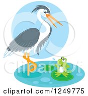 Clipart Of A Wading Heron Bird Talking To A Frog On A Lily Pad Royalty Free Vector Illustration by Alex Bannykh