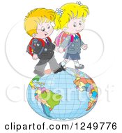 Poster, Art Print Of Blond School Children Walking On A Globe