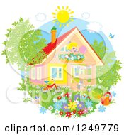 Poster, Art Print Of Cat Playing In A Yard And Happy Blond Girl At A Window On A Summer Day