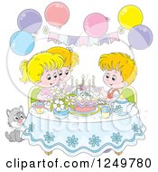 Poster, Art Print Of Blond Children And A Cat Celebrating A Birthday