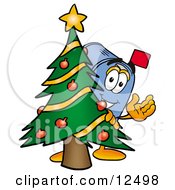 Poster, Art Print Of Blue Postal Mailbox Cartoon Character Waving And Standing By A Decorated Christmas Tree